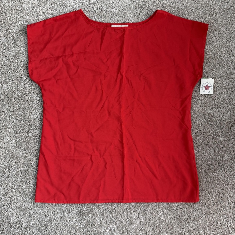 Vintage La Blouse Shirt Women Medium Red Boat Neck Cap Sleeve Pullover Basic Top